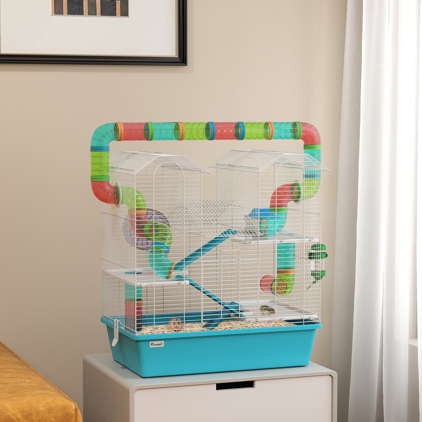 PawHut 4 Tier Hamster Cage w/ Tubes, Exercise Wheel, Hut, Water Bottle, Food Dish, Ramps, for Dwarf Hamster, Light Blue