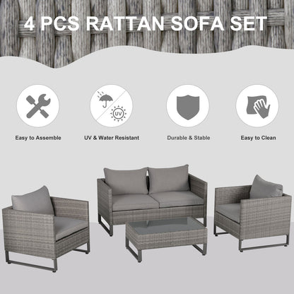 Outsunny 4 Pieces PE Rattan Garden Furniture with Cushion, Outdoor Wicker Conservatory Sofa Set w/ Armchairs, Loveseat, Glass Top Coffee Table, Grey