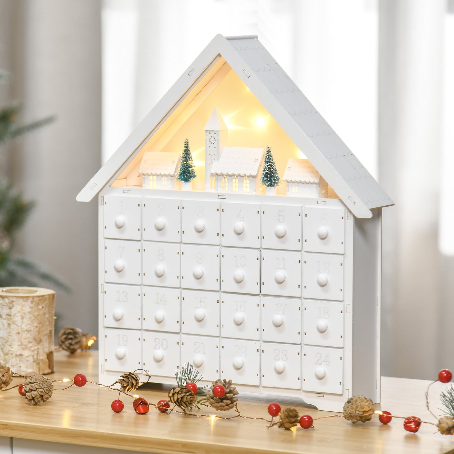 HOMCOM 24-Drawer Christmas Advent Calendar, Wooden Light-Up Traditional Decoration, Adults Kids Countdown Holiday House w/ Lights Handle White