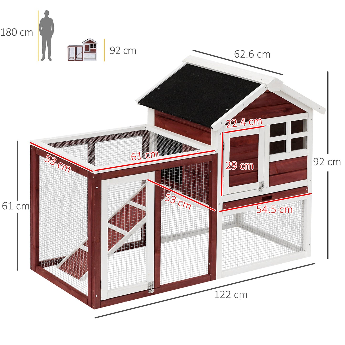 PawHut 122 Wooden Rabbit Hutch Bunny Cage with Waterproof Asphalt Roof, Fun Outdoor Run, Removable Tray and Ramp, Brown