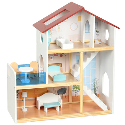 AIYAPLAY Kids Wooden Dolls House, 3-Story Dollhouse with 5 Rooms and 11 Accessories, Pretend Play Gift for Ages 3+, White