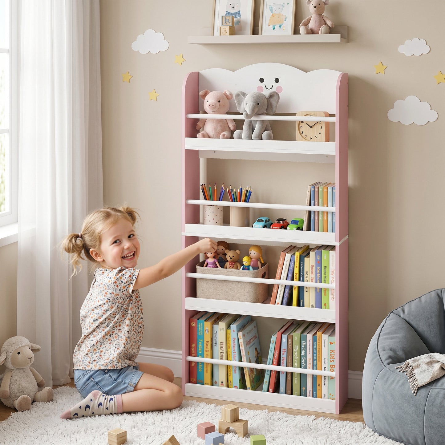 AIYAPLAY 4 Tier Kids Bookshelf, Children Bookcase with Anti-Tip Kit, Toddler Space-Saving Bookcase for Kids Room, Playroom, Pink