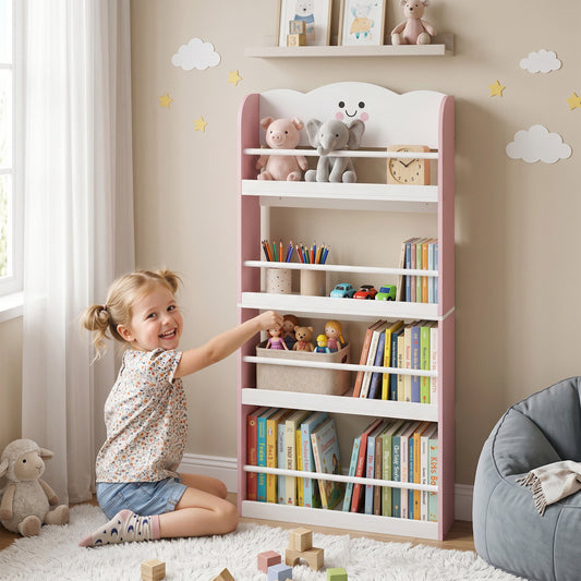AIYAPLAY 4 Tier Kids Bookshelf, Children Bookcase with Anti-Tip Kit, Toddler Space-Saving Bookcase for Kids Room, Playroom, Pink