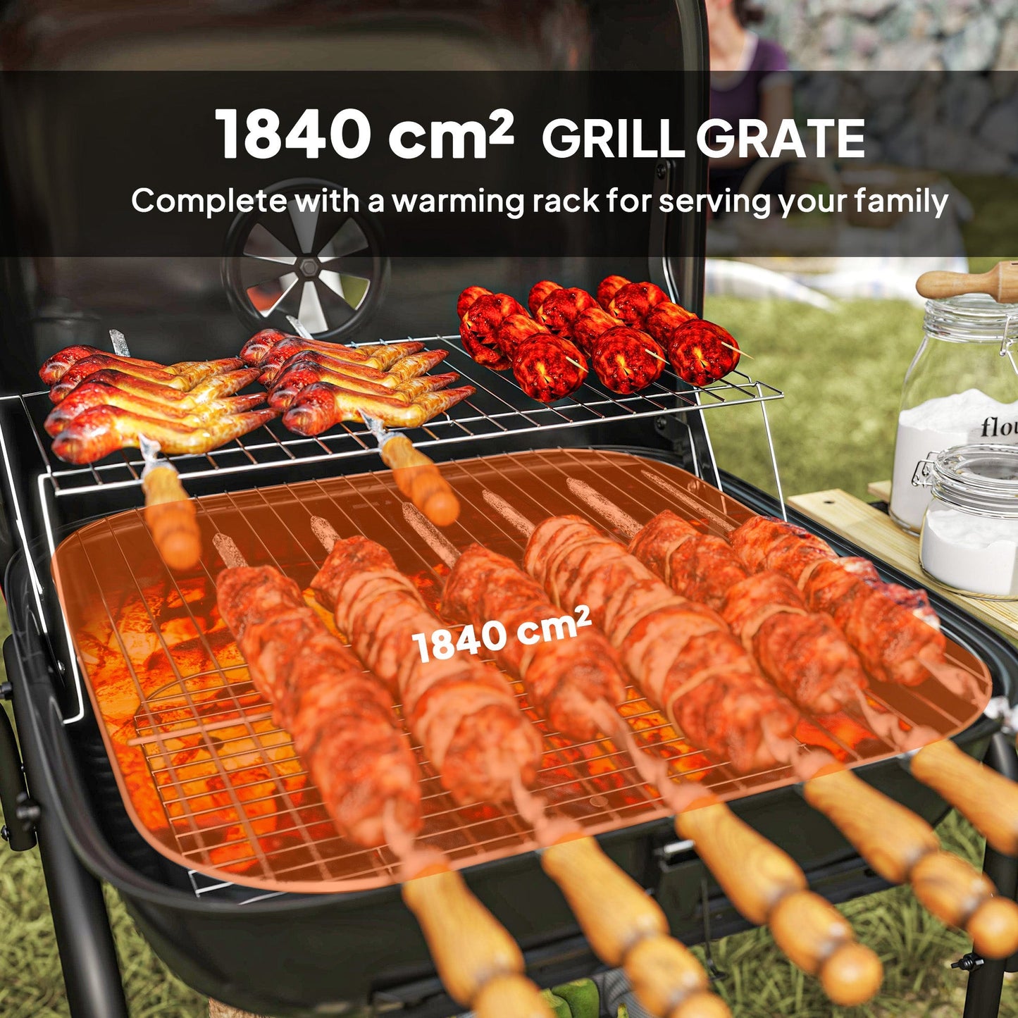 Outsunny Charcoal Barbecue Grill Portable BBQ Grill with 1840 cm√Ç¬≤ Cooking Area, 3 Shelves, Adjustable Vent, Lockable Lid, Wheels for Outdoor Cooking, Garden Party, Red