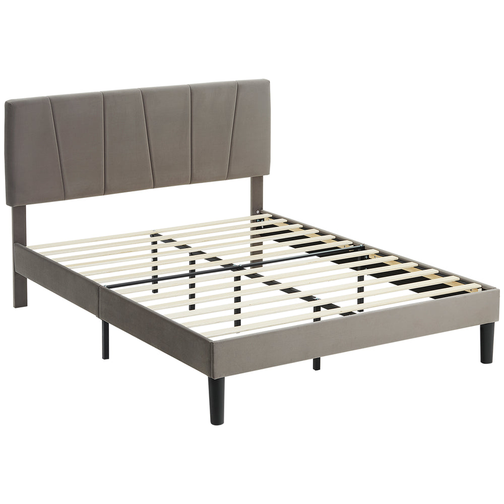 HOMCOM Double Bed Frame, with Velvet-Feel Headboard - Grey