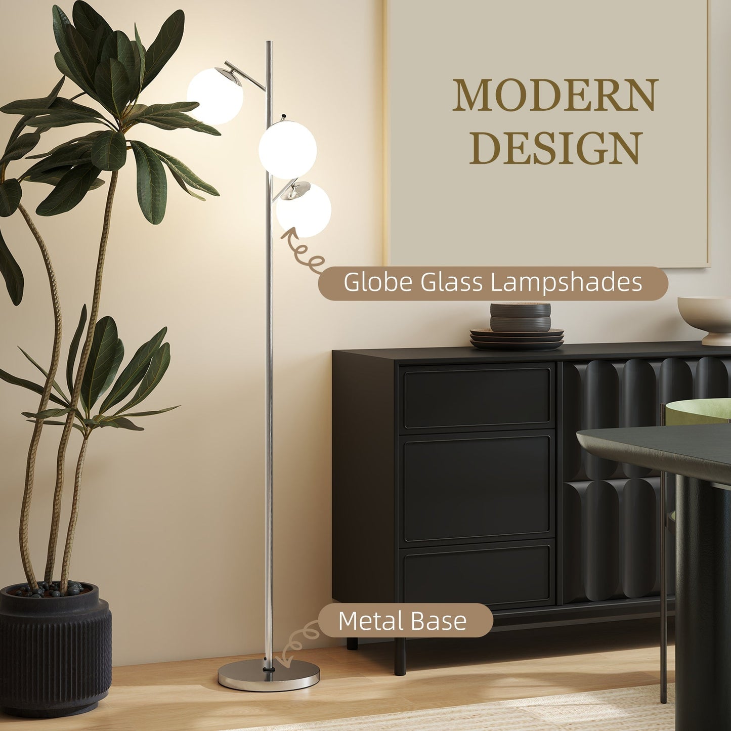 HOMCOM 3-Light Tree Floor Lamps for Living Room, Modern Standing Lamp for Bedroom with Globe Lampshade, 3000K/4000K/6000K Colour Temperatures, Steel Base, Silver Tone