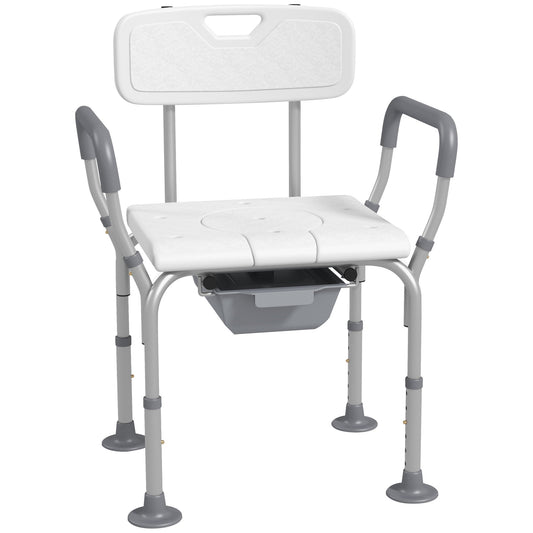 HOMCOM Height Adjustable Shower Stool with Arms and Back, Non-Slip Bedside Commode with Detachable Bucket for Elderly, White