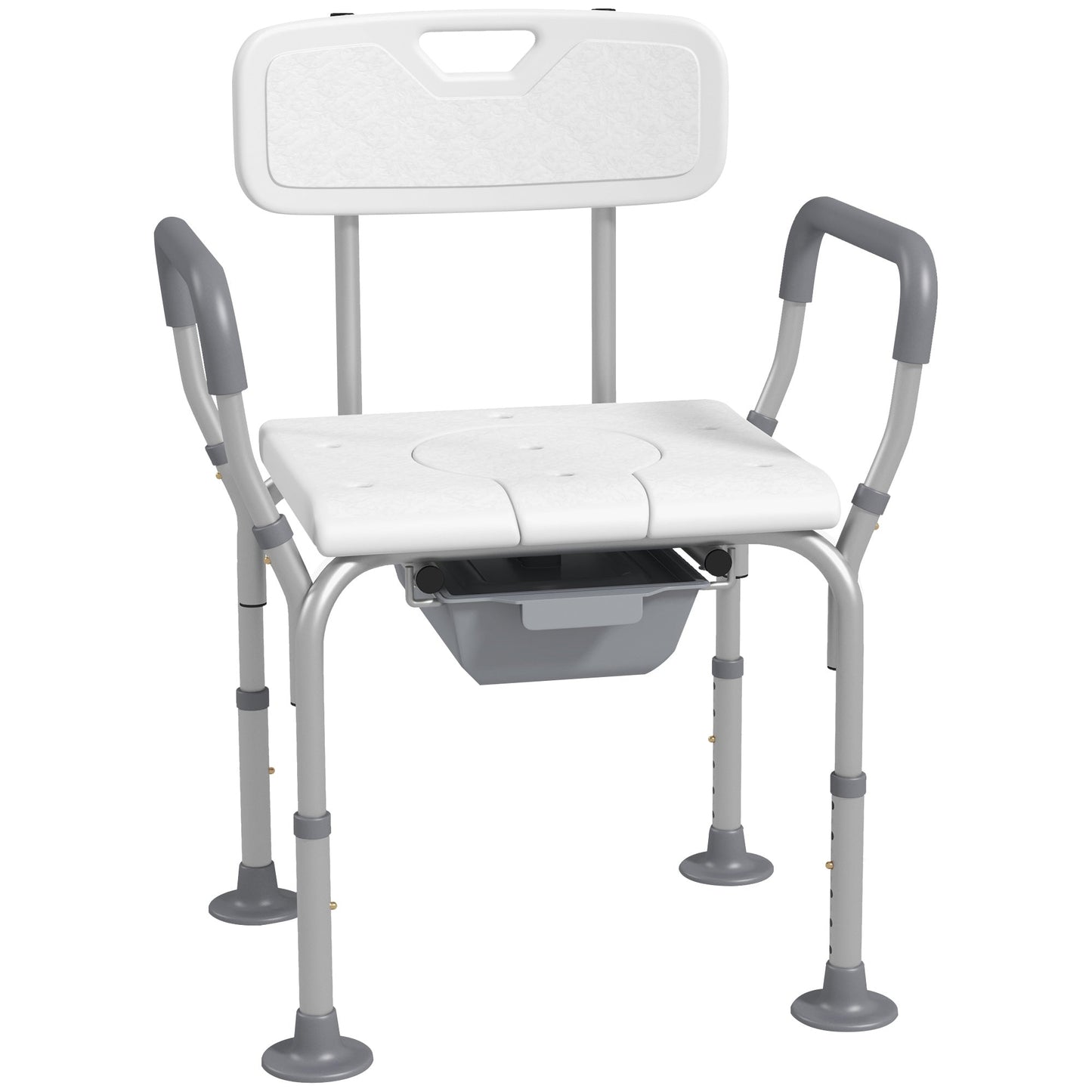 HOMCOM Height Adjustable Shower Stool with Arms and Back, Non-Slip Bedside Commode with Detachable Bucket for Elderly, White