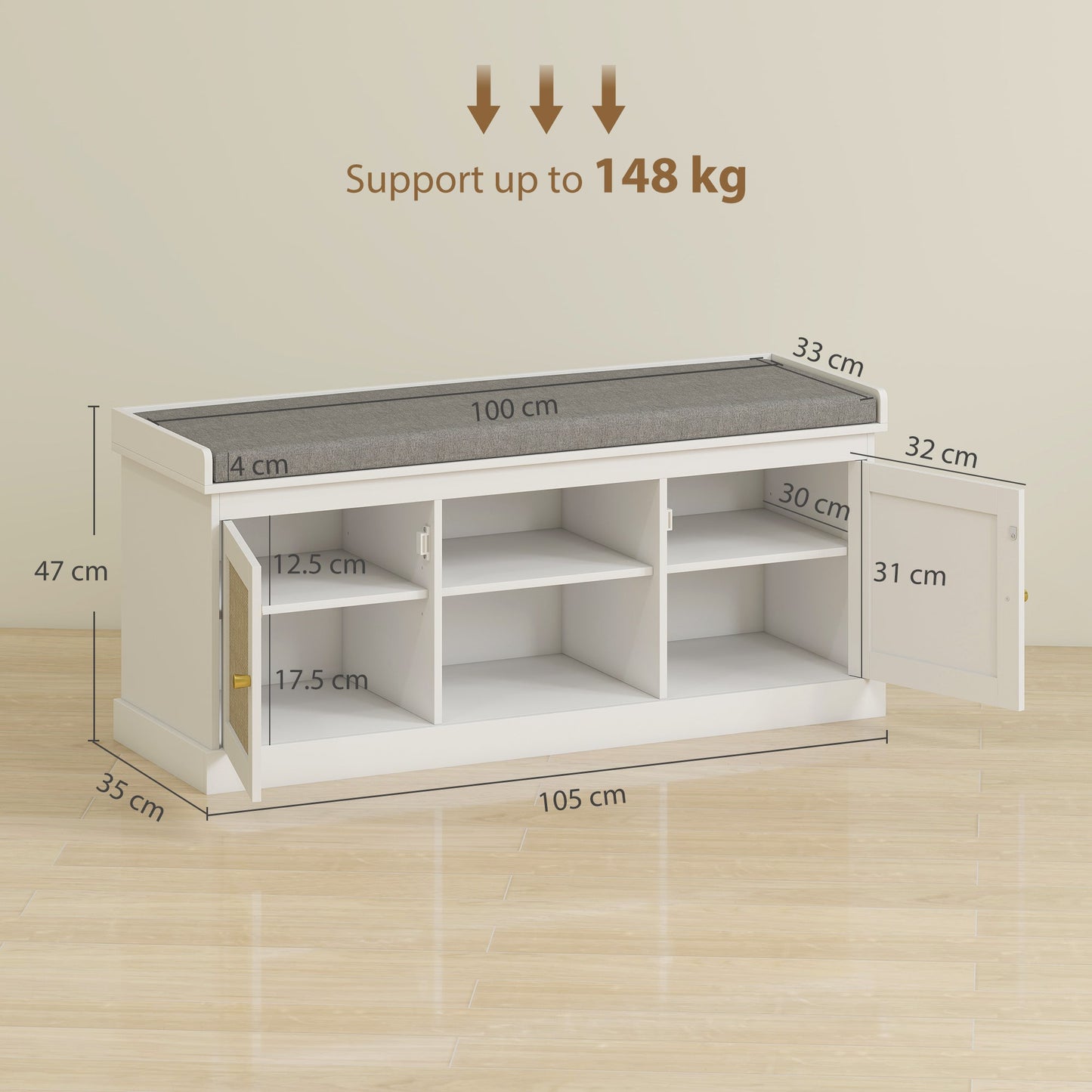 HOMCOM Boho Shoe Storage Bench with Padded Cushion and Rattan Doors - White