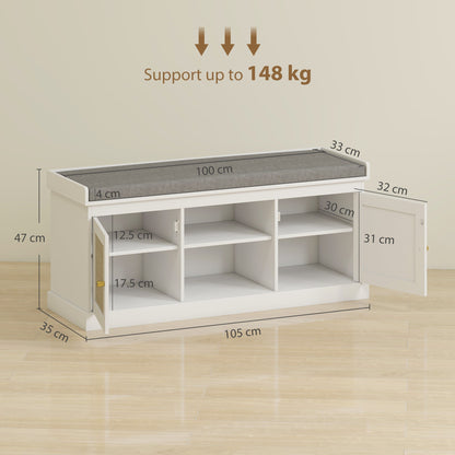 HOMCOM Boho Shoe Storage Bench with Padded Cushion and Rattan Doors - White