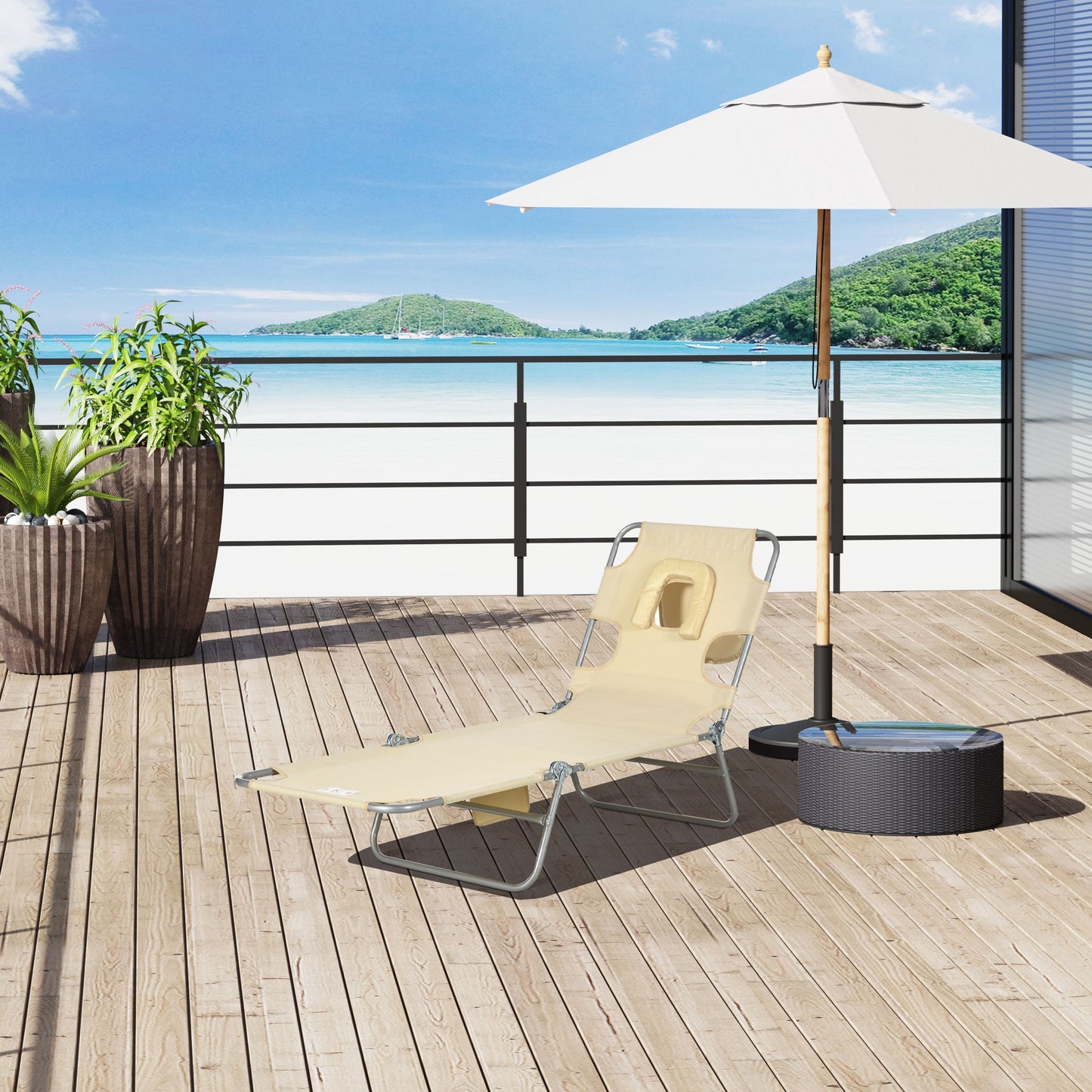 Outsunny Foldable Sun Lounger, Beach Chaise Lounge with Reading Hole, Arm Slots, 5-Position Adjustable Backrest, Side Pocket, Pillow for Garden, Beach, Pool, Beige