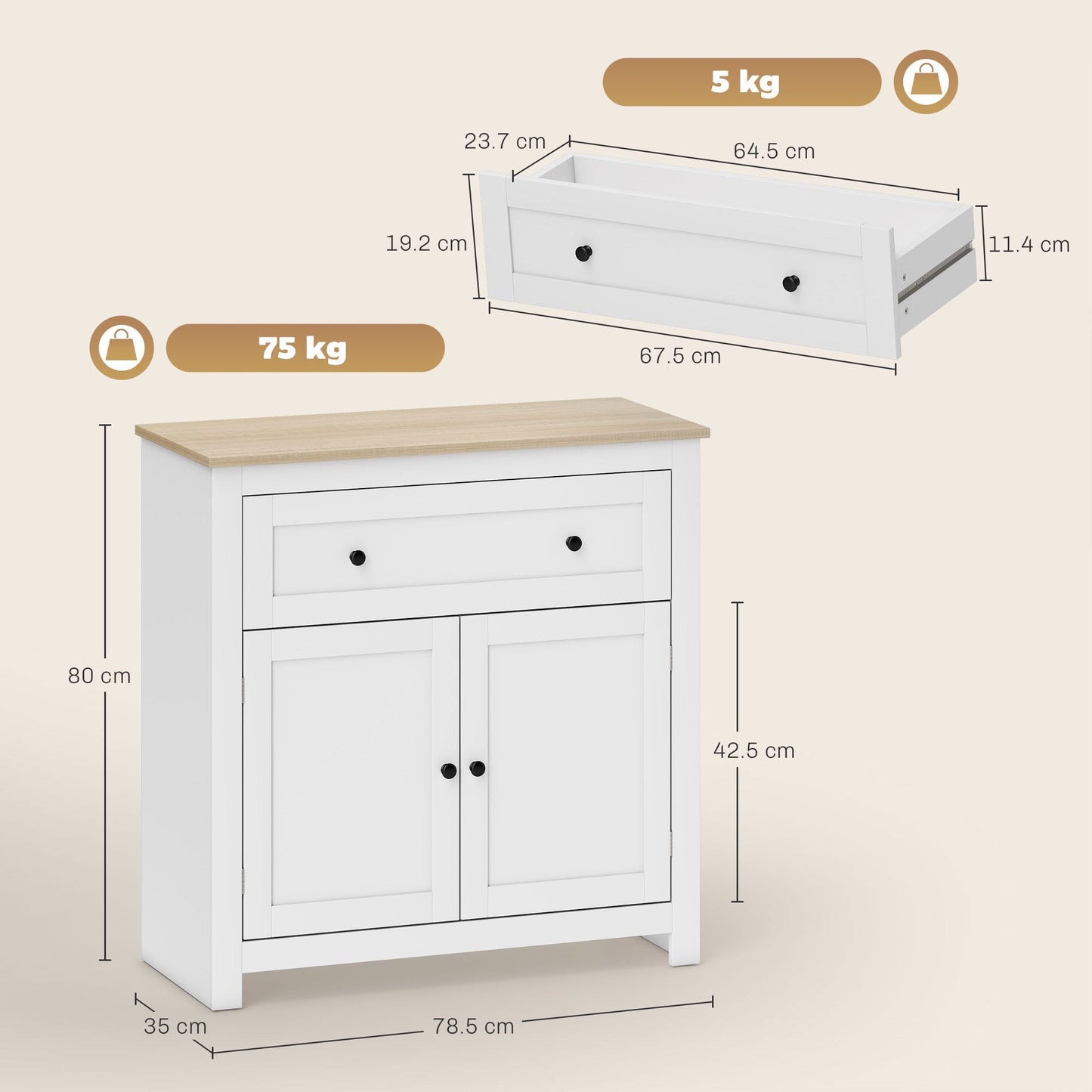HOMCOM Sideboard Storage Cabinet, Morden Kitchen Cupboard with Adjustable Shelf, Drawer and Double Doors, Sideboard for Living Room, Dining Room, Hallway, White