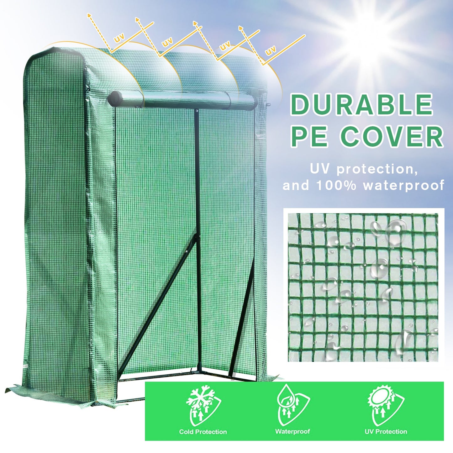 100L x 50W x 150HCM Outdoor PE Greenhouse Steel Frame Plant Cover with Zipper - Green