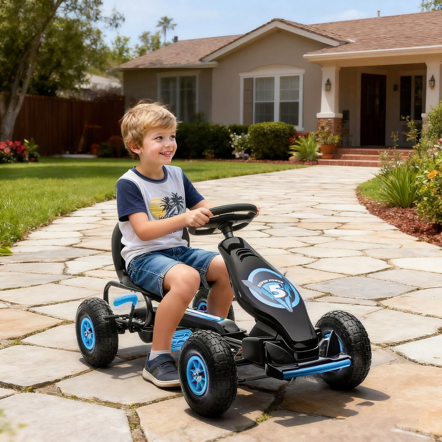 HOMCOM Kids Pedal Go Kart, with Adjustable Seat, Inflatable Tyres - Blue