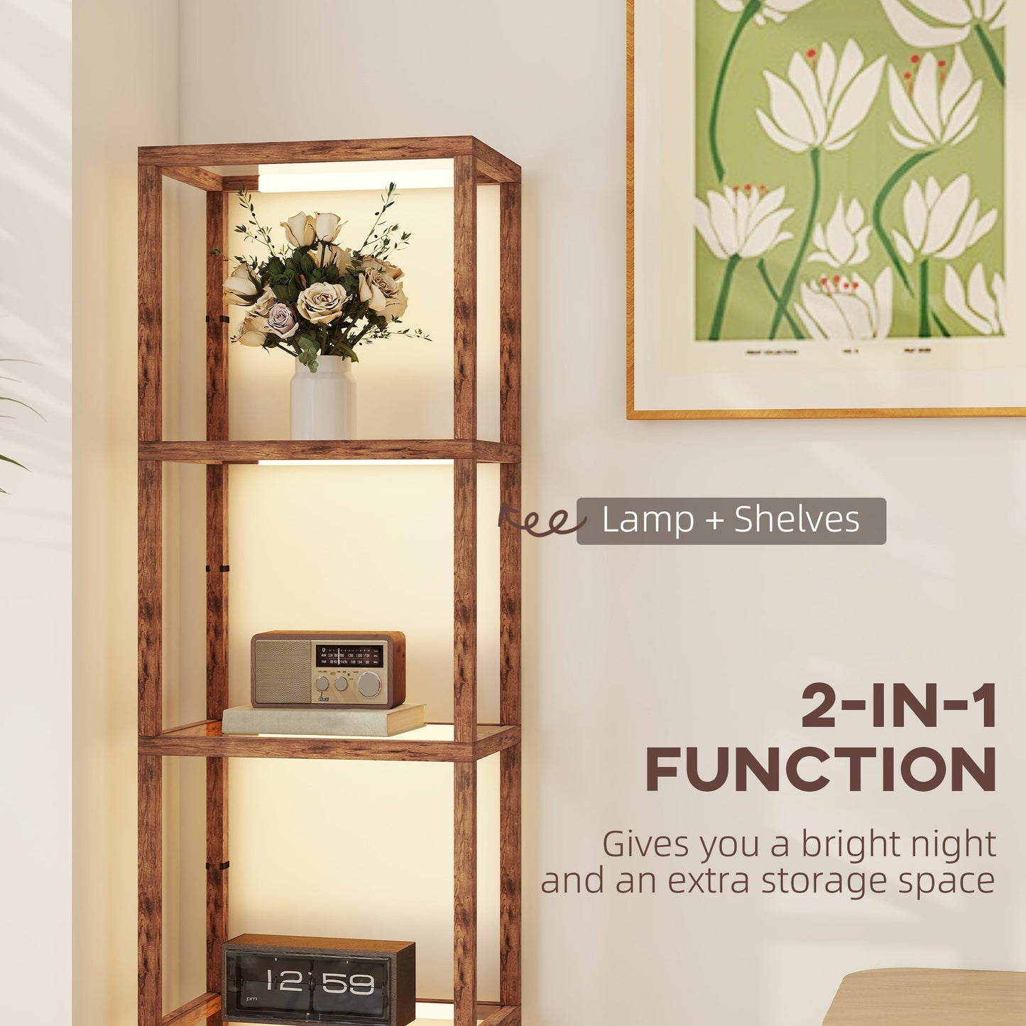 HOMCOM LED Floor Lamp with Glass Shelves, 4 Layers Dimmable Tall Standing Lamp, Modern Column Shelf Floor Light for Living Room, Bedroom, Office, Rustic Brown