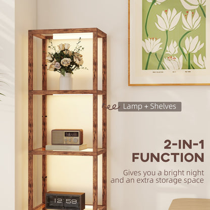 HOMCOM LED Floor Lamp with Glass Shelves, 4 Layers Dimmable Tall Standing Lamp, Modern Column Shelf Floor Light for Living Room, Bedroom, Office, Rustic Brown