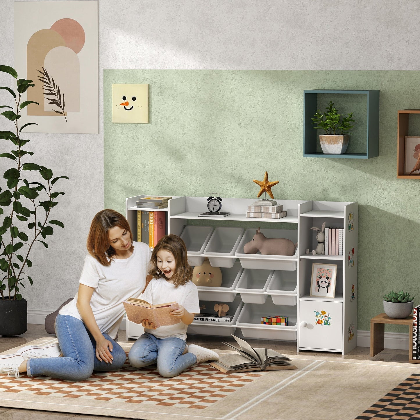 AIYAPLAY Kids Toy Organizers and Storage with 8 Removable Storage Bins and Bookshelf, White