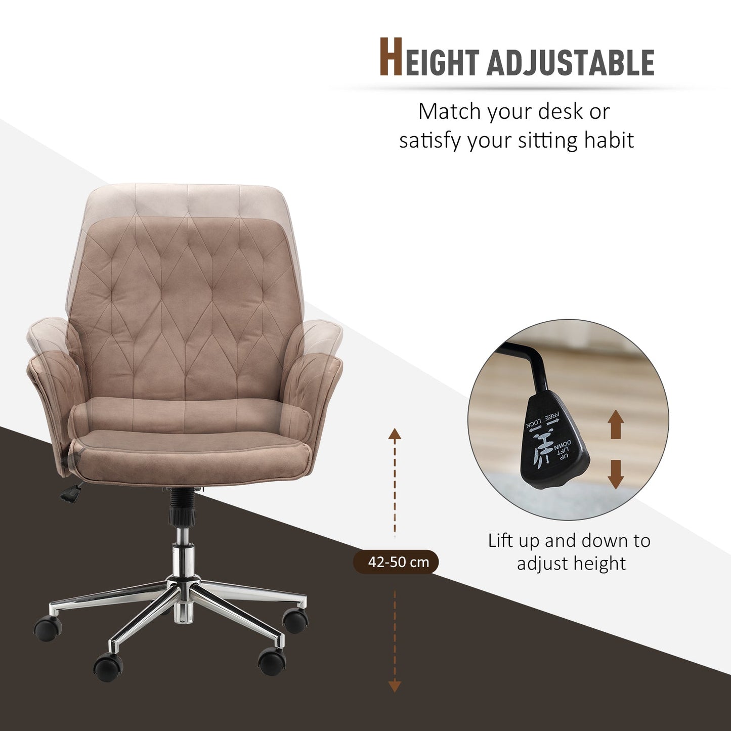 Vinsetto Office Desk Chair, Microfibre Vanity Chair with Adjustable Height, Armrest, Swivel Chair for Home, Coffee