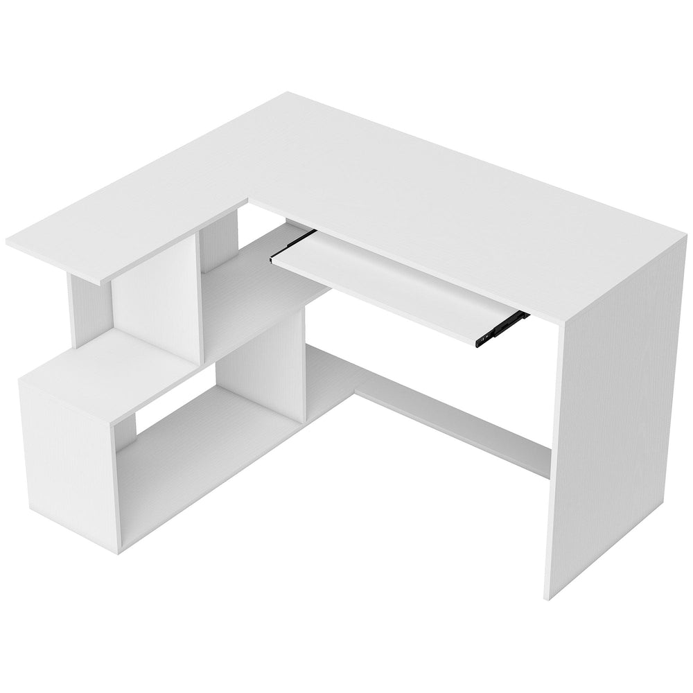 HOMCOM L-Shaped Corner Desk, Computer Desk with Keyboard Tray and Open Shelves, White Wood Effect