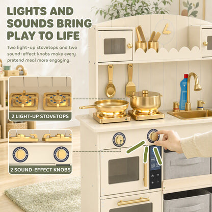 AIYAPLAY Kids Play Kitchen with Lights & Sounds, Pretend Play Toy set with 4 Fabric Drawers, 12-Piece Accessories for 3-6 Years