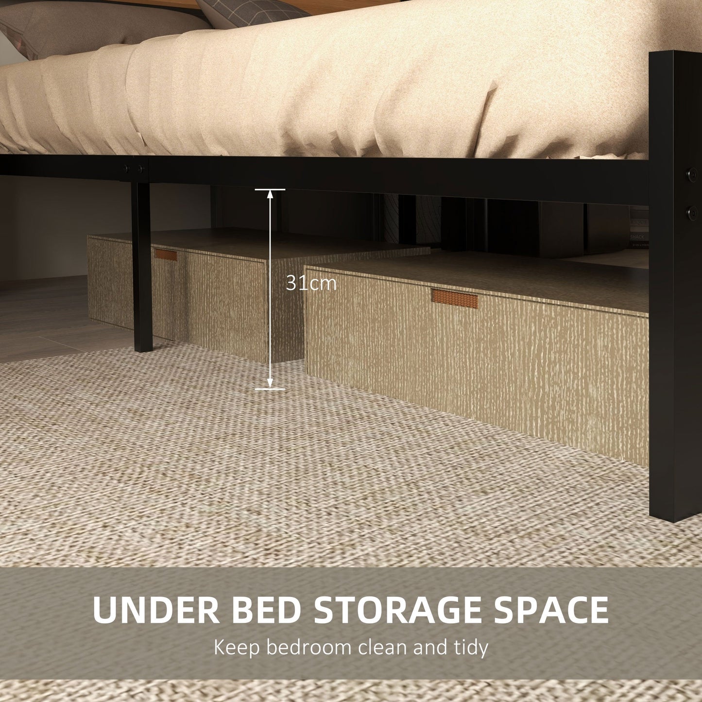 HOMCOM Industrial Double Bed Frame, 5FT Steel Bed Base with Headboard, Footboard, Slatted Support and Under Bed Storage, 142 x 195cm, Rustic Brown