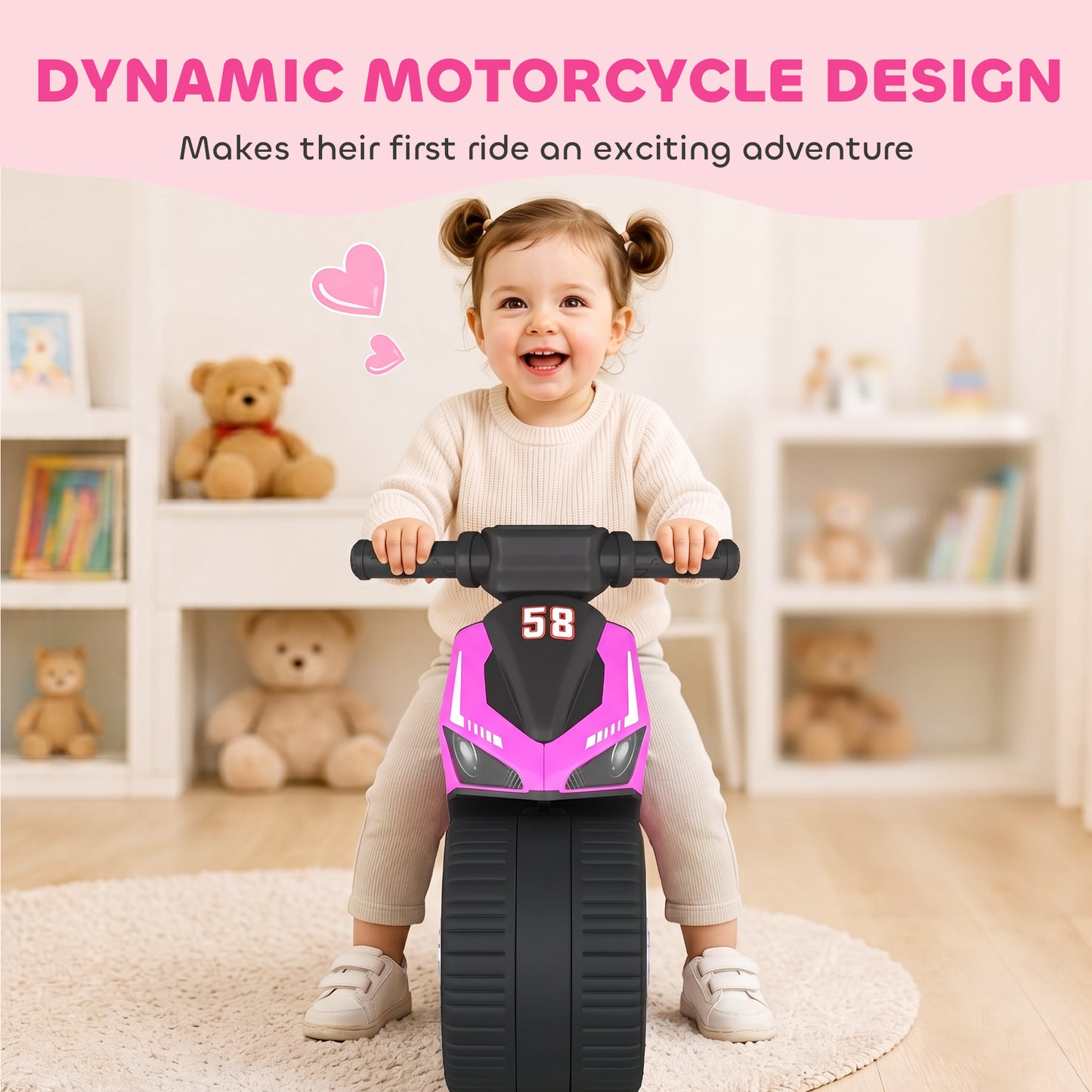 AIYAPLAY Balance Bike with Music Extra-Wide Wheels Toddler Bike for Boys Girls Pink