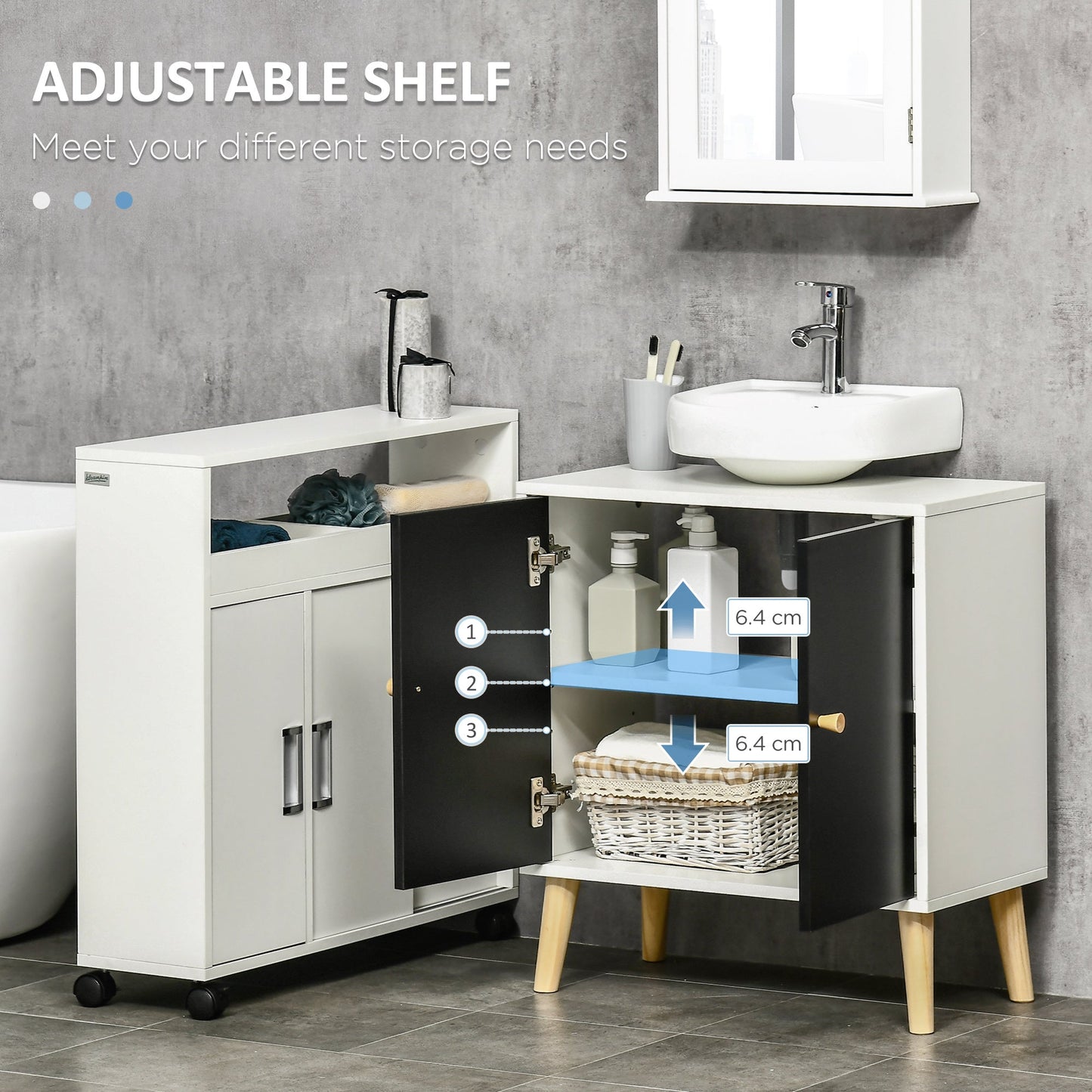 kleankin Modern Bathroom Sink Cabinet, Under Sink Storage Cabinet, with Adjustable Shelf and Solid Wood Legs, Black and White