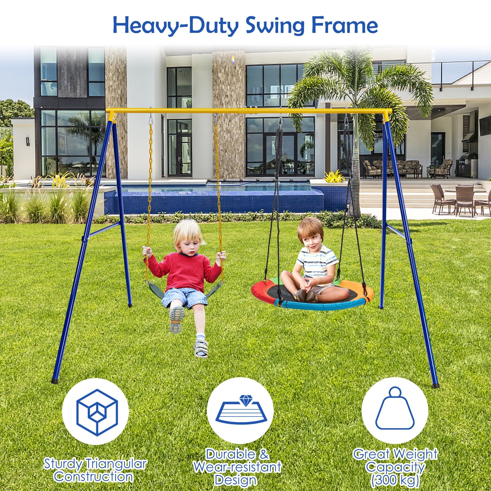 A-Shaped Metal Swing Frame with Anti-Slip Footpads-Blue &amp; Yellow