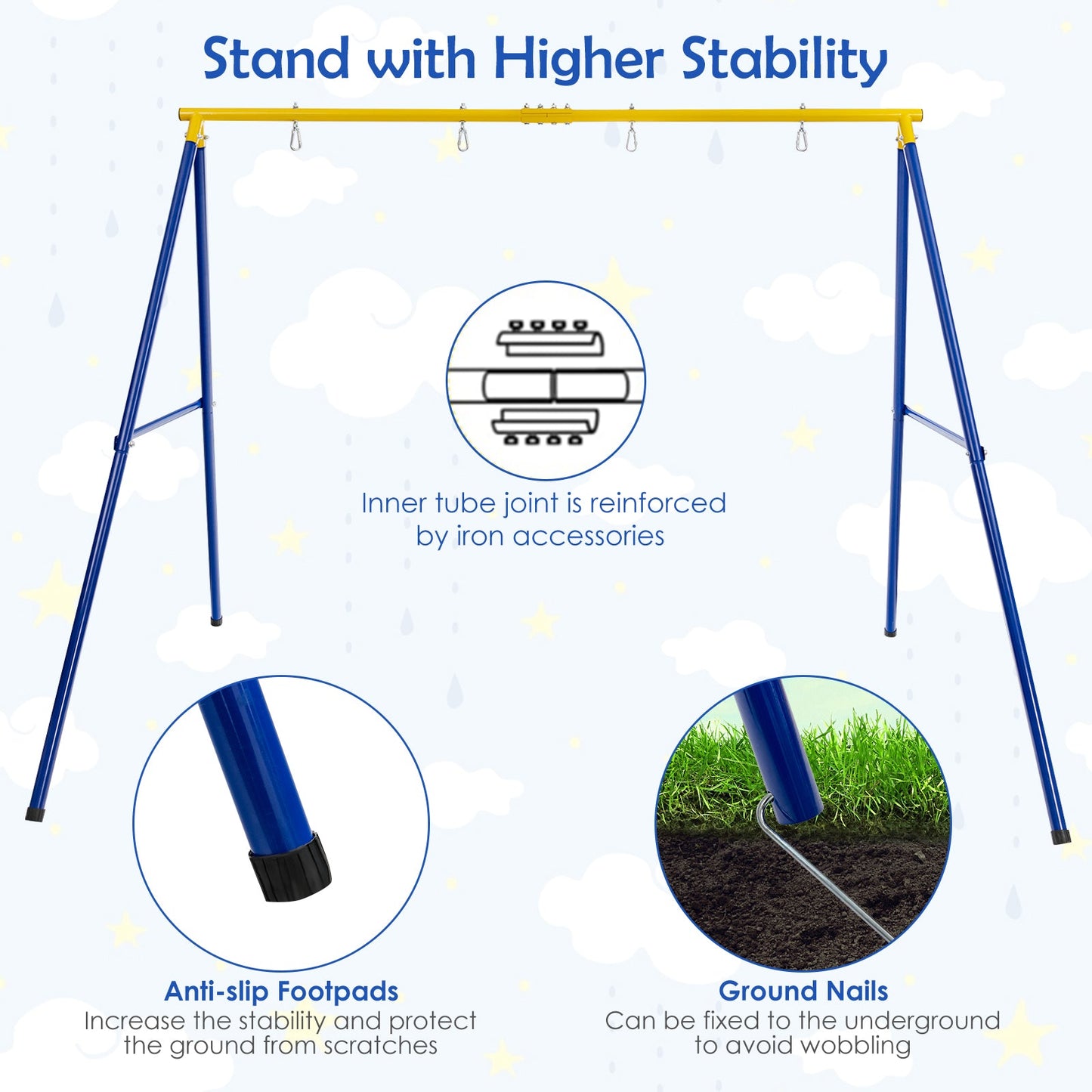 A-Shaped Metal Swing Frame with Anti-Slip Footpads-Blue &amp; Yellow
