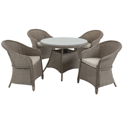 Outsunny 4 Seater Luxury Rattan Dining Set with Cushions, Round PE Rattan Garden Furniture Set, Glass Top Table with Umbrella Hole, Outdoor Dining Table and Chairs, Mixed Grey