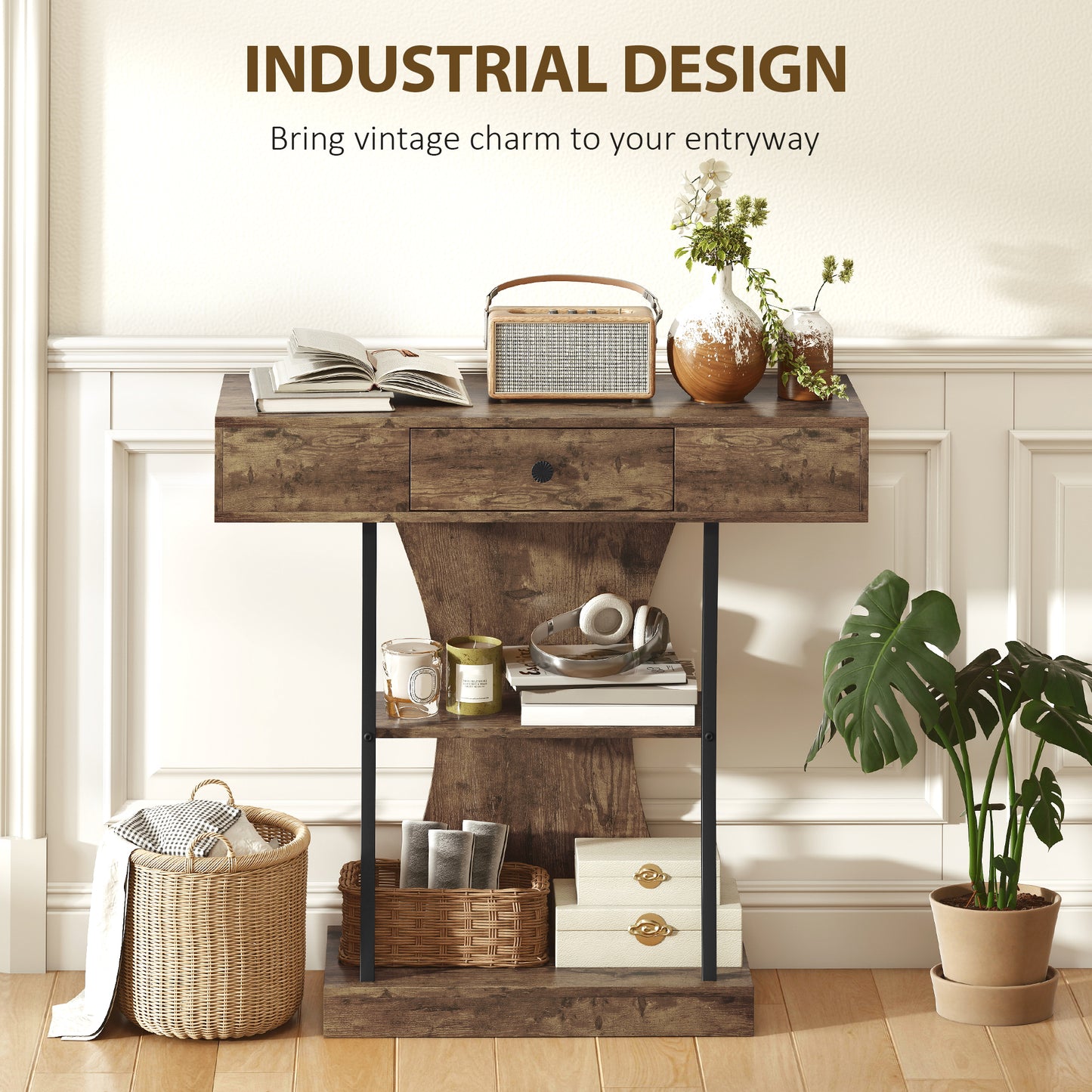 HOMCOM Console Table, 3-Tier Industrial Hallway Table with Drawer, Storage Shelves, 91 x 32 x 87 cm, Rustic Brown