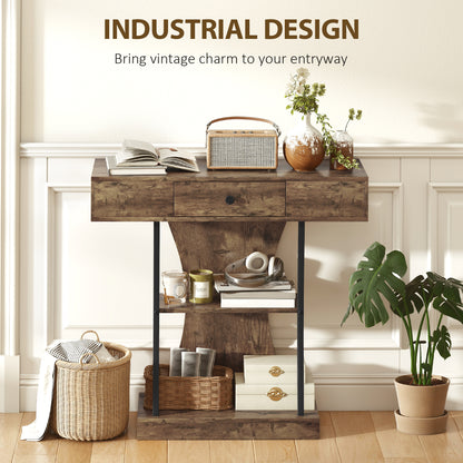 HOMCOM Console Table, 3-Tier Industrial Hallway Table with Drawer, Storage Shelves, 91 x 32 x 87 cm, Rustic Brown