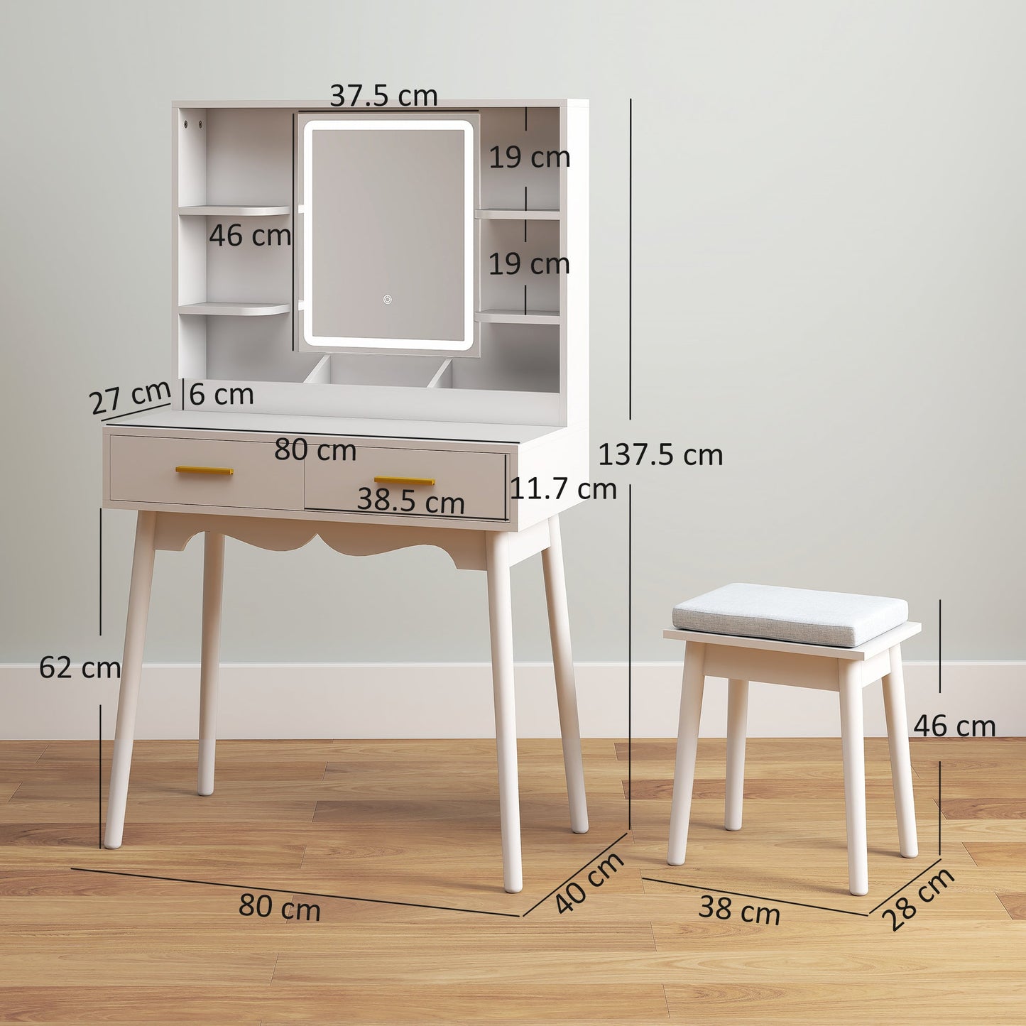 HOMCOM Elegant Dressing Table, with LED Mirror - White