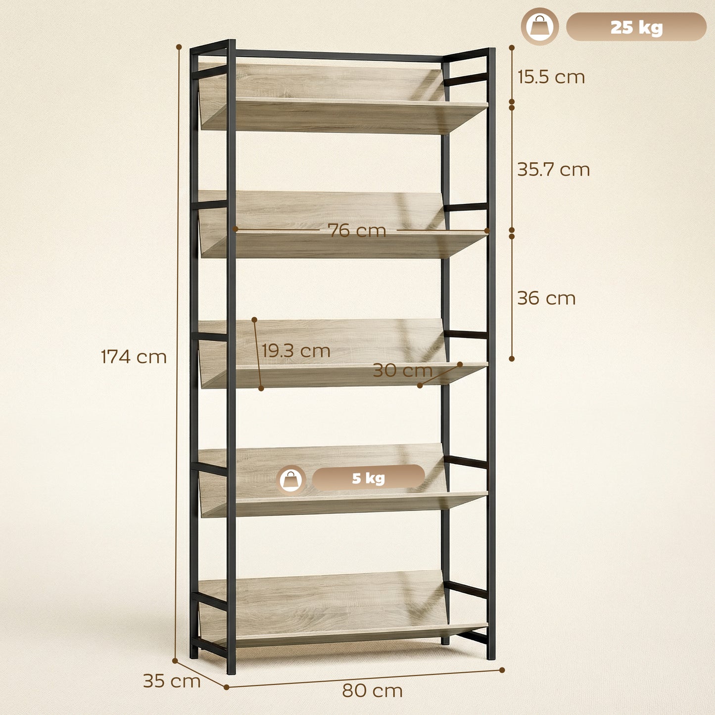HOMCOM Bookshelf 5-Tier Metal Frame Room Divider Bookcase Storage Shelves for Living Room Oak