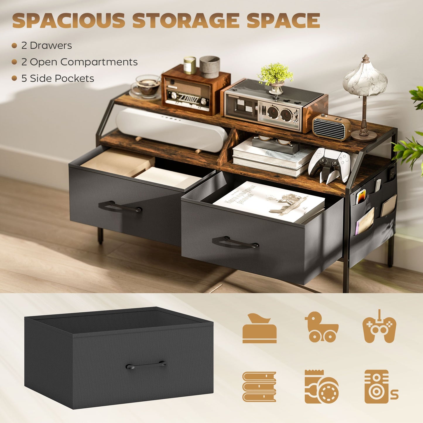 HOMCOM TV Stand Cabinet, TV Unit for 55-inch TVs with 2 Foldable Fabric Drawers, 5 Divided Side Pockets, Open Shelves, Console Table for Living Room, Bedroom, Entertainment Room, Rustic Brown