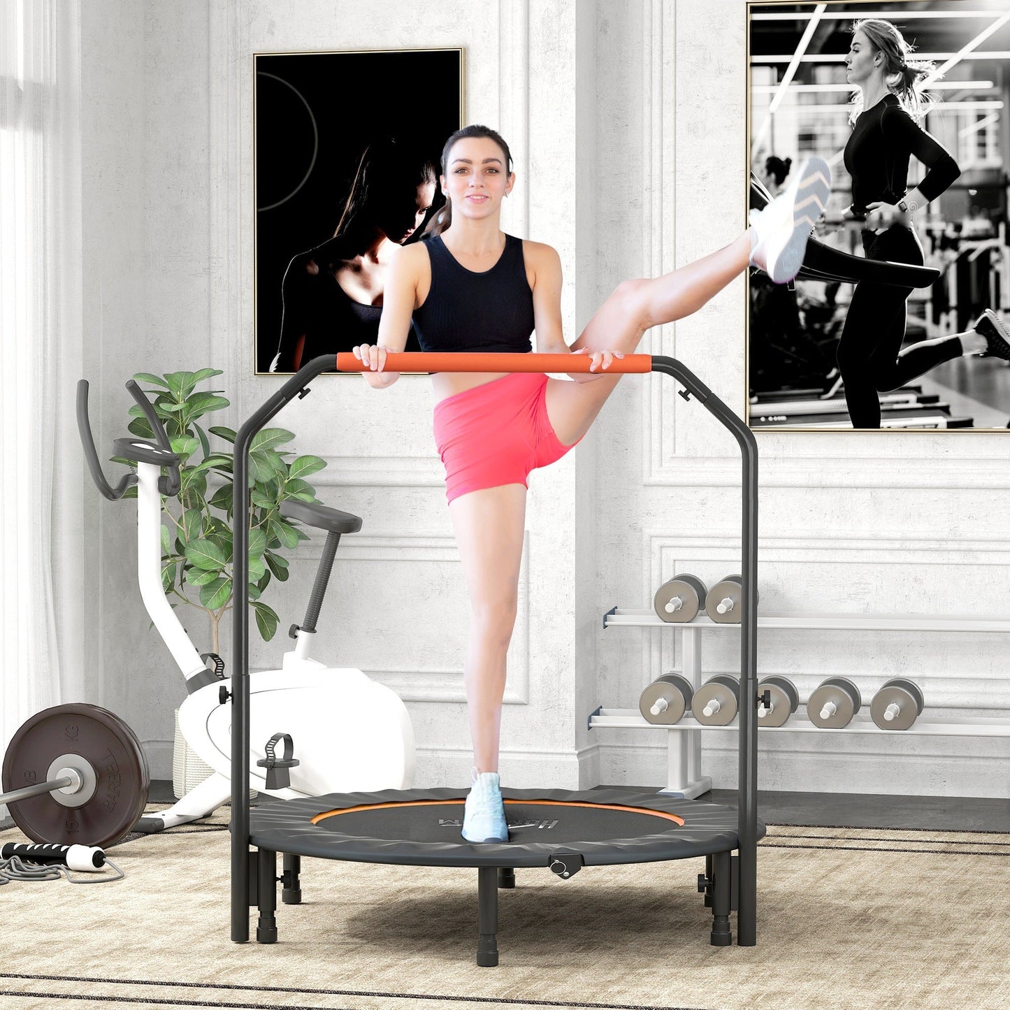 HOMCOM 48" Foldable Mini Fitness Trampoline, with Adjustable Foam Handle, Orange