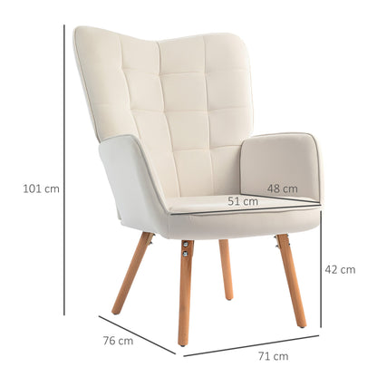 HOMCOM Modern Accent Chair, Upholstered Tufted Wingback Armchair with Seat Padding, Velvet Leisure Lounge Bedroom Chair with Wood Legs, Cream White