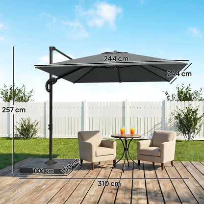 Outsunny 2.4 x 2.4m Cantilever Parasol with Umbrella Weights, UPF50+ Offset Outdoor Umbrella w/ Easy Tilt Adjustment, Dark Grey