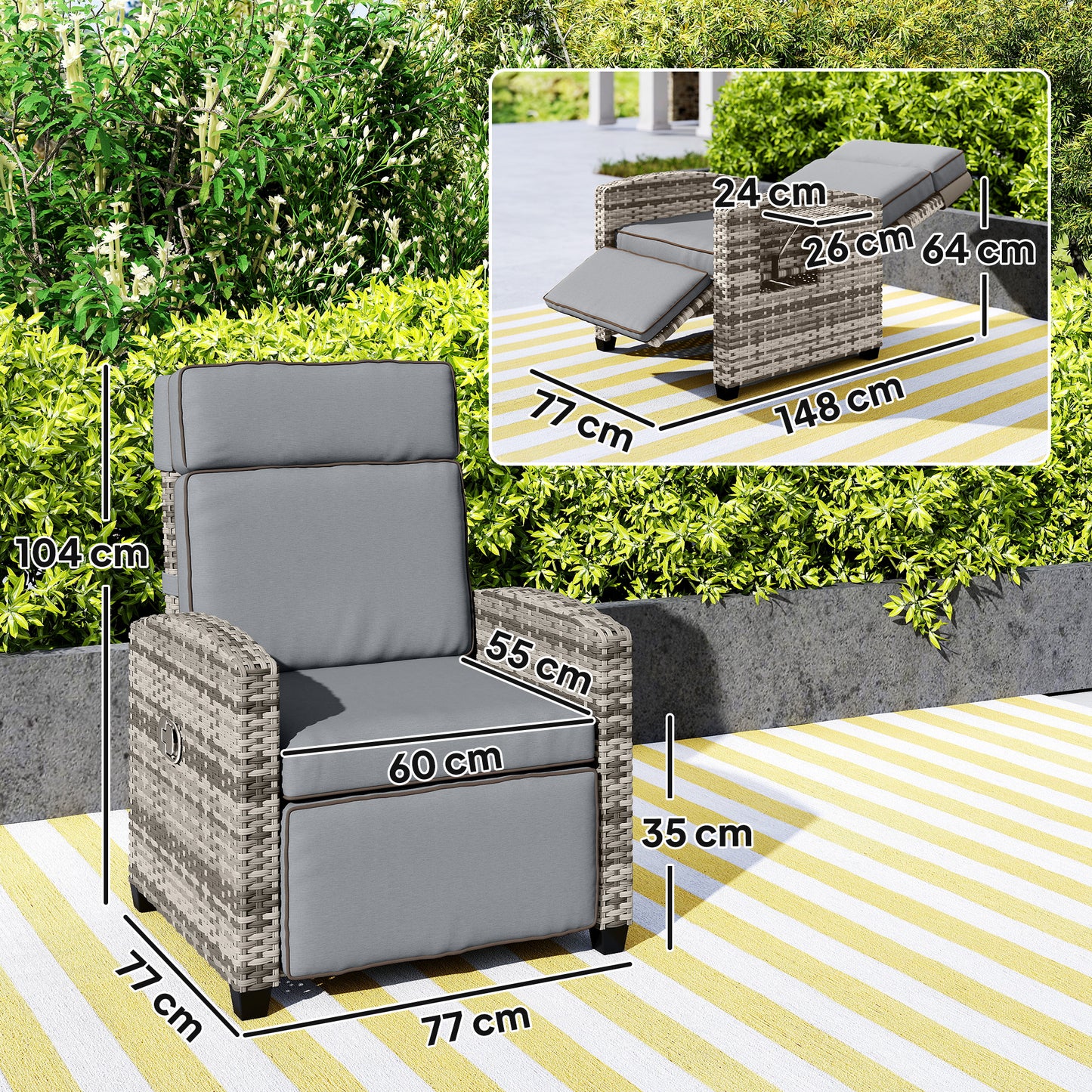 Outsunny 145Â° Reclining Rattan Armchair, with Footrest - Mixed Grey/Grey