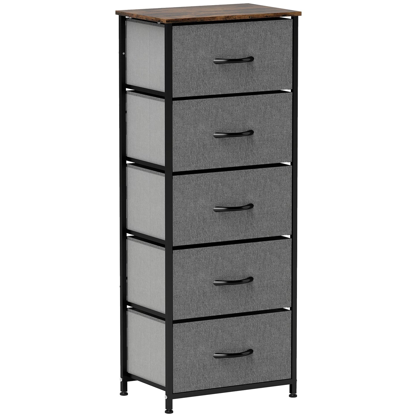 HOMCOM Fabric Chest of Drawers, Industrial Bedroom Dresser with 5 Fabric Drawers, Steel Frame and Wooden Top for Nursery, Living Room, Hallway, Rustic Brown and Grey