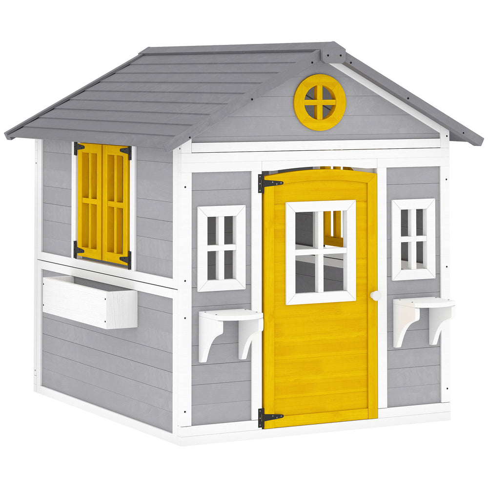 Outsunny Wooden Playhouse with Doors, Windows, Plant Pots, Boxes, for 3-8 Years - Grey