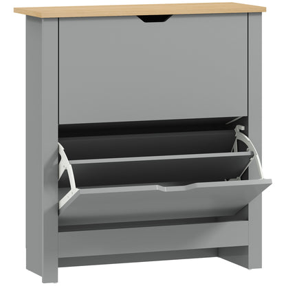 HOMCOM Slim Shoe Cabinet, Narrow Shoe Cupboard with 2 Flip Drawers, Adjustable Shelves for 12 Pairs of Shoes, Light Grey