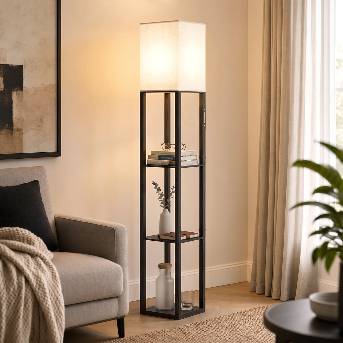 HOMCOM Floor Lamp with Shelves, Modern Dimmable Standing Lamp with Fabric Lampshade, Adjustable Colour Temperature, Black