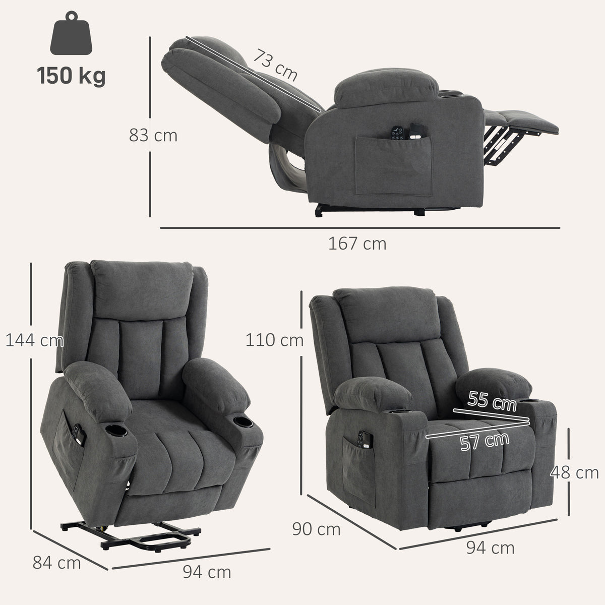 HOMCOM Dual Motor Recliner Chair, 55° Electric Lift Chair for Elderly, Recliner Armchair with Massage and Heat, Dark Grey