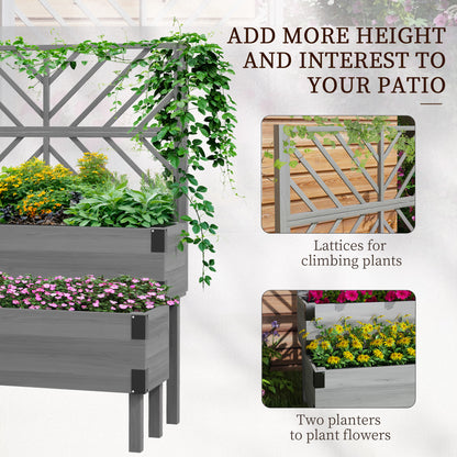 Outsunny Raised Garden Bed with Trellis, 2-Tier Wooden Elevated Planter Box for Vegetables, Flowers, Herbs, Grey