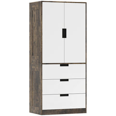 HOMCOM Modern Clothes Storage Cupboard Unit, 3 Drawer 2 Door Wardrobe with Hanging Rod, Rustic Brown