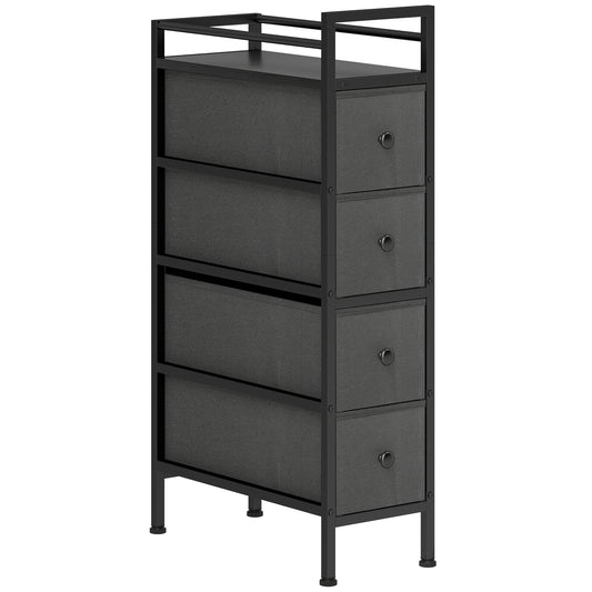 HOMCOM 4 Drawer Fabric Dresser Chest of Drawers, Slim Storage Cabinet with Steel Frame for Small Spaces, Bedroom, Black