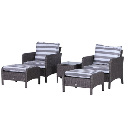 Outsunny 5 Pieces PE Rattan Garden Furniture Set with 10cm Thick Padded Cushions, Wicker Weave Outdoor Seating Chairs with 2 Armchairs, 2 Stools, Glass Top Table, Dark Grey