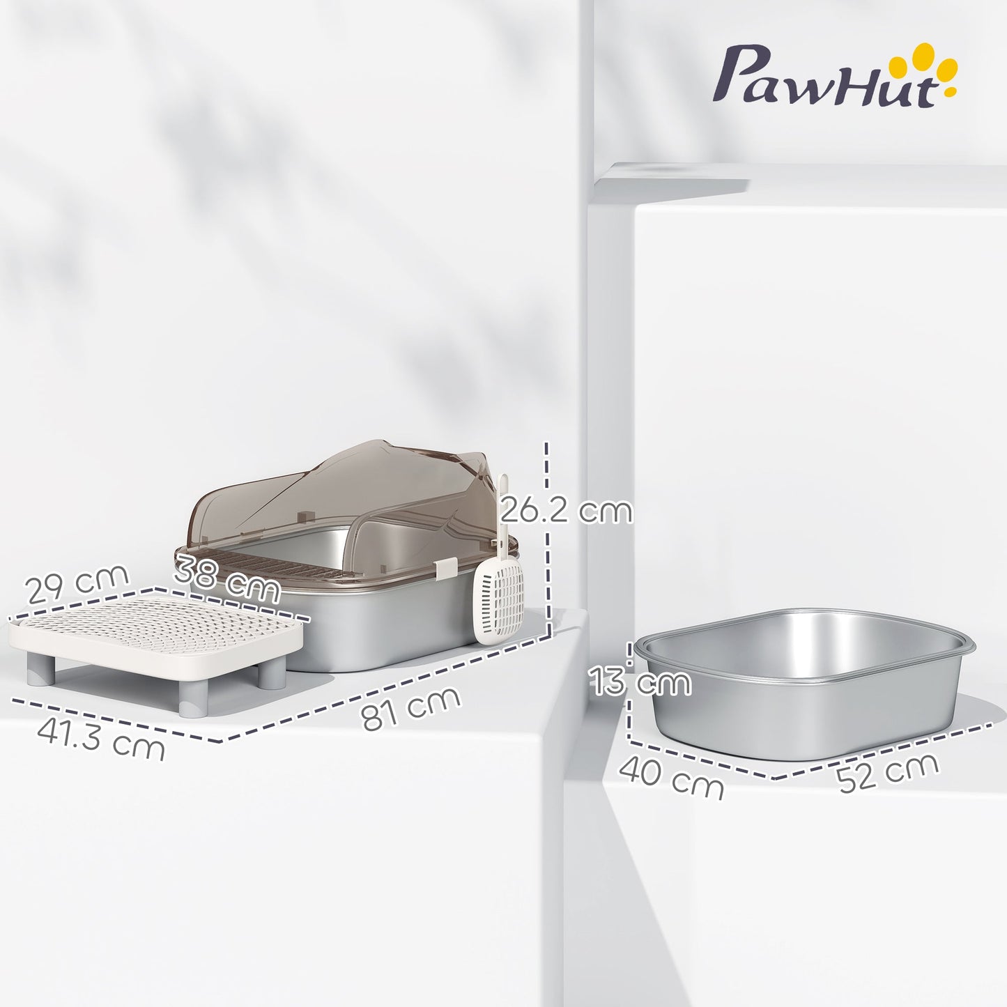 PawHut Stainless Steel Litter Box with Lid, High Wall Sided Enclosure, Pedal, Scoop, Non-Sticky, Anti-Leakage, Easy Cleaning