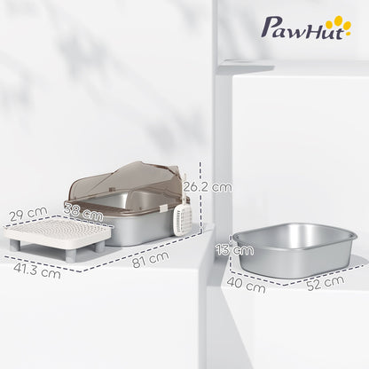 PawHut Stainless Steel Litter Box with Lid, High Wall Sided Enclosure, Pedal, Scoop, Non-Sticky, Anti-Leakage, Easy Cleaning
